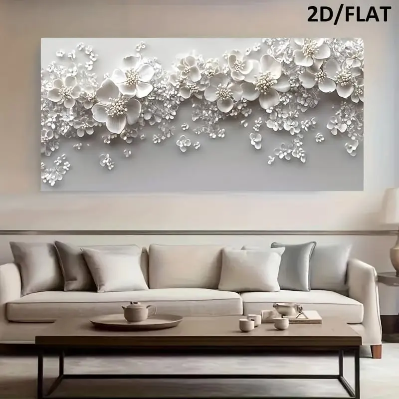 2D Flat Wood-Framed Modern White Flower Canvas Print, Home Decor Supplies for Bedroom, Living Room Wall Decoration
