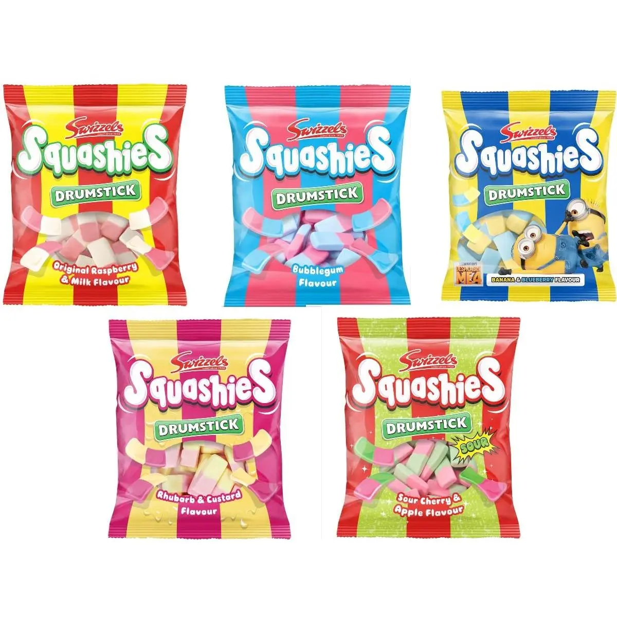 Squashies Drumstick Candies 5 Variety (Original, Rhubarb  Custard, Sour Cherry  Apple, Bubblegum, Banana  Blueberry) 120G