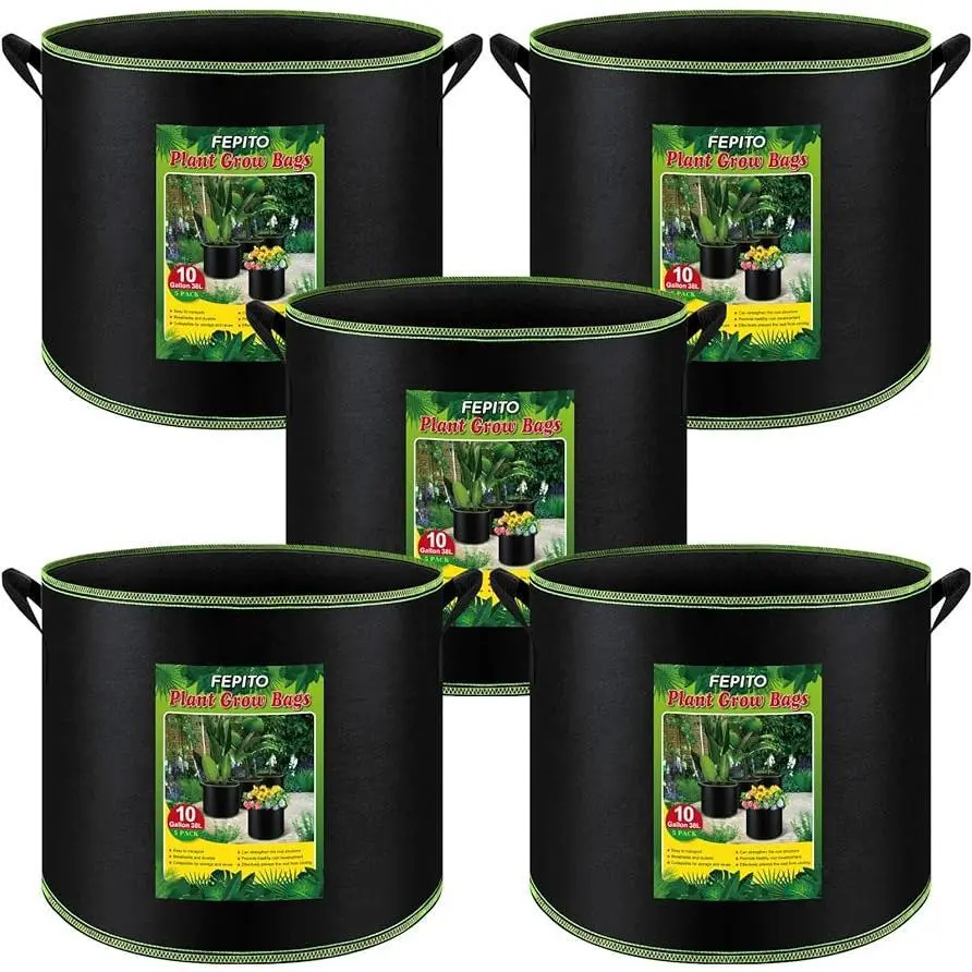 FEPITO 2 Pack / 5 Pack 10 Gallon Grow Bags Heavy Duty Aeration Fabric Pots with Handles Thickened Nonwoven for Vegetables Fruits Flowers Portable Garden Planters 16x12.5 Inches, gift