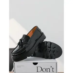 Men's Thick Sole Round Toe Loafers, Slip-On Leather Shoes, Stylish British Style, Durable Comfortable Footwear for Daily Wear