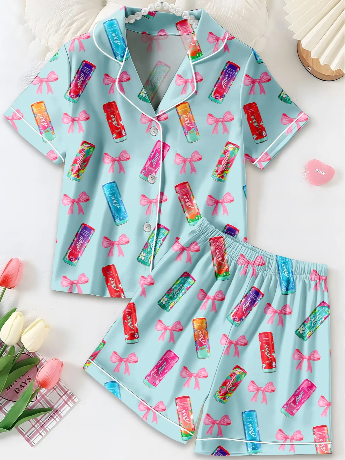 Alani Pajamas Set, Alani Energy Drink Sleepwear, Satin Loungewear For Women, Alani Lover Gift For Her