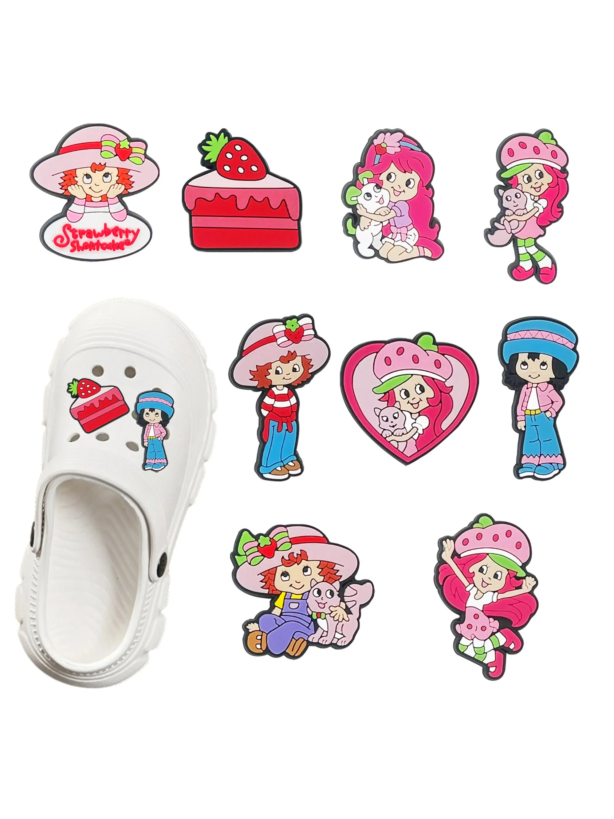 9pcs Cute Strawberry Girl Series Shoe Accessories, Shoe Embellishments, Detachable DIY Parts, Perfect Party Gift, Adorable Cartoon Design, Decor, Cute Shoe Decorations, Shoe Adornments, Shoe Charm Accessories, Shoe Decoration