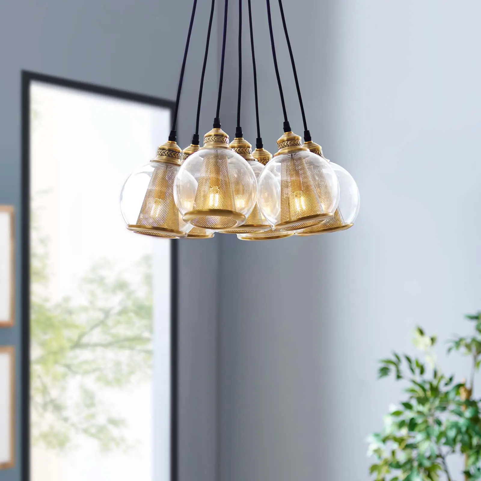 Modway Peak Brass Cone and Glass Globe Cluster Pendant Chandelier