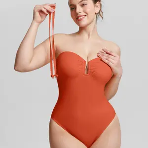 FeelinGirl Women's Tummy Control One Piece Swimsuit Convertible Anti-Slip Bandeau with Built-in Bra High Stretch Swimwear Strapless