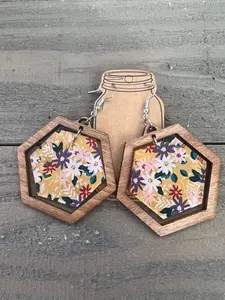 Mustard Yellow Floral Hexagon Acrylic Wooden Earrings