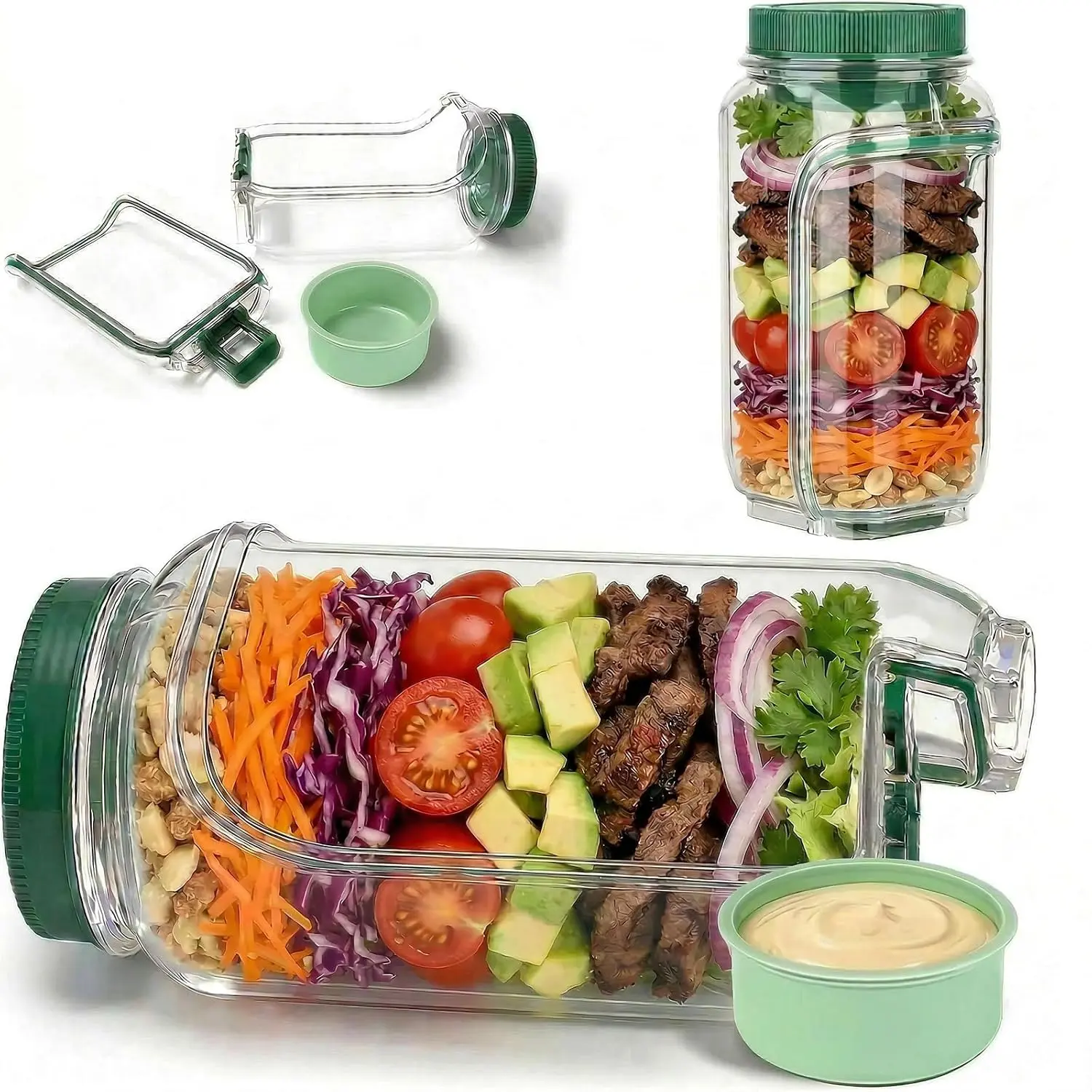 1000ml Leakproof Portable Salad Canister with Side Opening, Vertical Layering for Freshness, Dressing Cup & Durable Design, Home Storage Jar for Lunch & Meal Prep