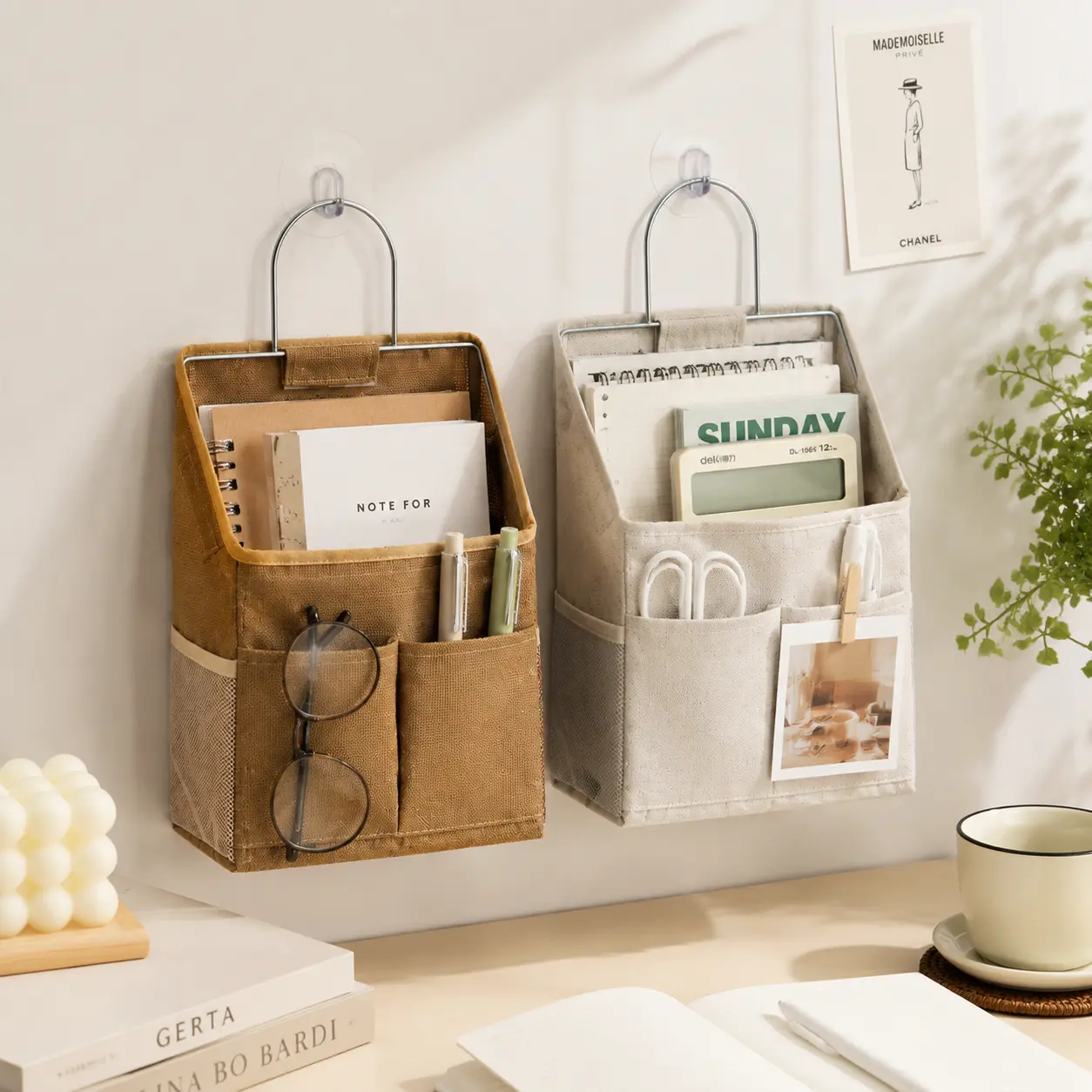 Wall Mount Hanging Organizer Bag, Multi-Pocket Storage Holder with Stainless Steel Frame, Space Saving Wall Organizer for Books, Magazines, Phone, Remote, Stationery, Bathroom, Bedroom, Kitchen, Office, Dorm and Home