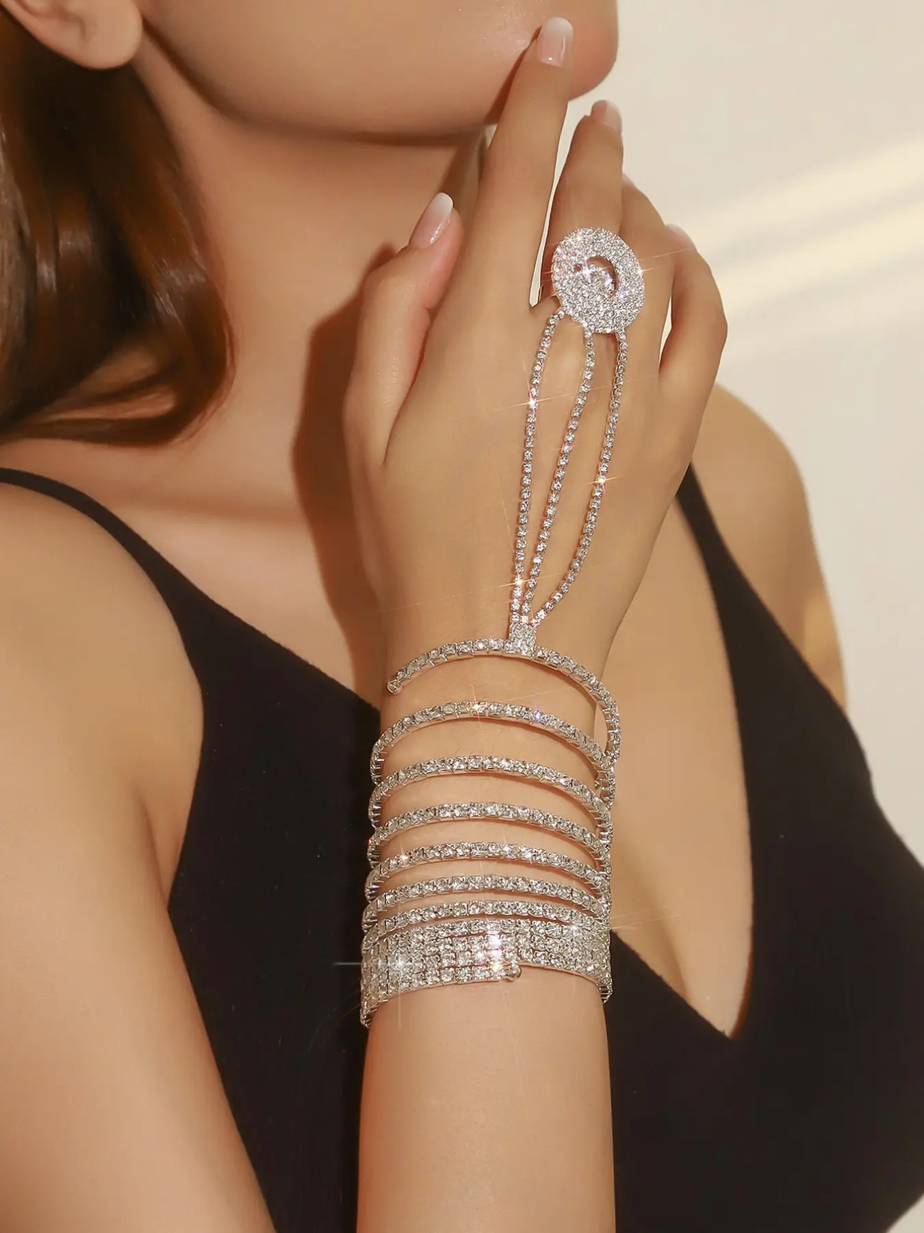 1 gorgeous and sparkling multi-layer rhinestone elastic finger linked women's bracelet, fashionable and elegant party style bracelet, perfect for giving gifts to women Rhinestone Decor Bangles Multilayered Bangles