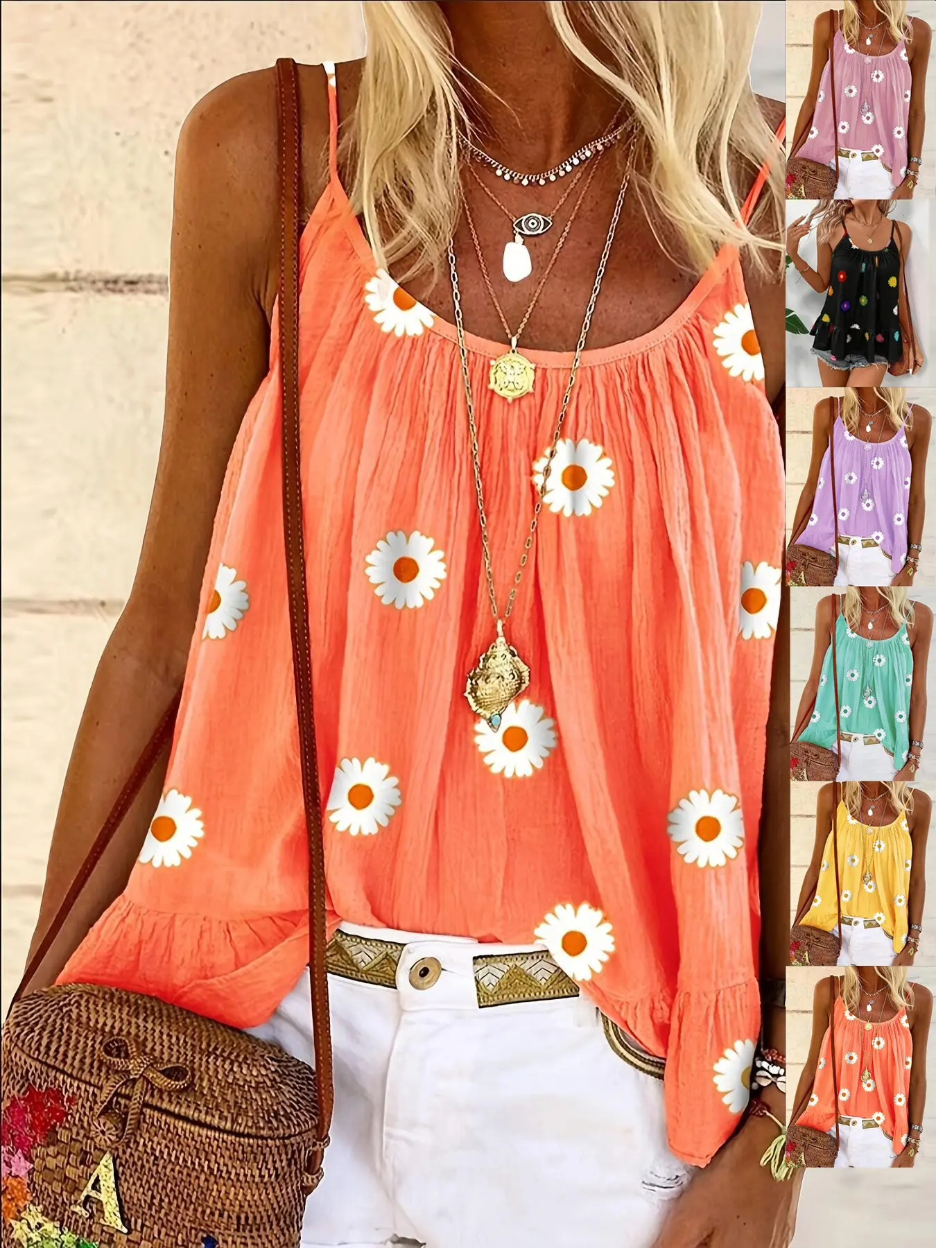 Women's Floral Print Sleeveless Tank Top, Breathable Lightweight, Middle Eastern and Bohemian Style Design, Thin Straps, Spaghetti Strap, Casual to Formal Wear, Loose-Fitting Minimalist Style, Boho, Floral Beach Tops