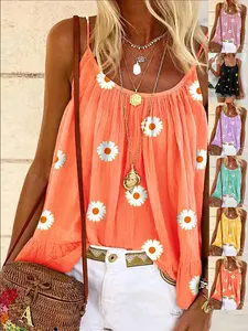 Women's Floral Print Sleeveless Tank Top, Breathable Lightweight, Middle Eastern and Bohemian Style Design, Thin Straps, Casual to Formal Wear, Loose-Fitting Minimalist Style, Boho