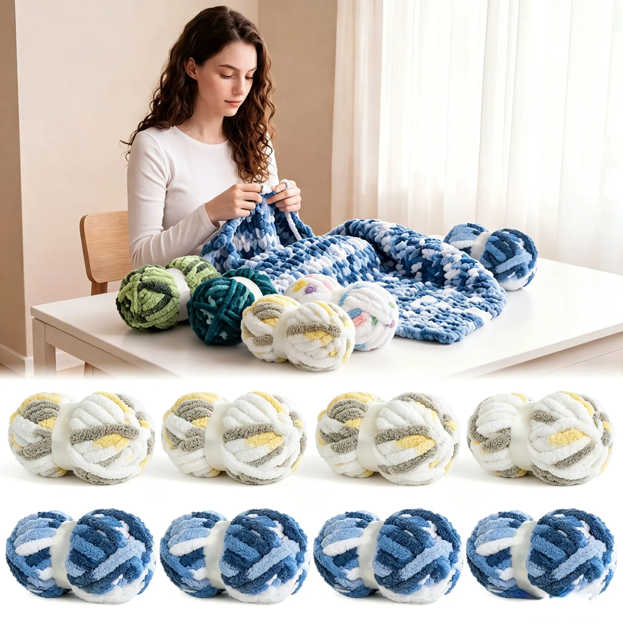 HOMBYS Tie-Dye Chunky Chenille Yarn - 8-Pack Super Bulky Crafting Supplies for Hand Knitting, Oversized Crochet Projects, DIY Crafts with Softness, Maker Flowers Mini Gift Garland, Chunky Yarn, Oversized Crochet Yarn