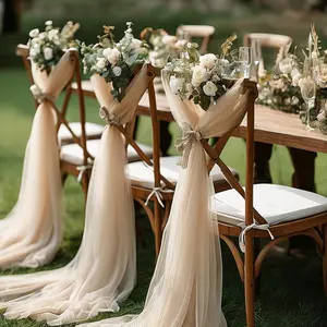 Elegant Champagne Wedding Chair Decorations, Semi-Transparent Sheer Fabric, 75x200cm Long Floral Pattern, Perfect for Weddings Parties Churches