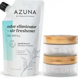 Azuna Air Freshener & Odor Eliminator for Strong Odor | 2 Room Kit Includes (2) 8 oz. Empty Luxe Glass Jars & 12 oz | Refill with Tea Tree Essential Oil Gel | Amalfi Breeze | Last 60-90 Days