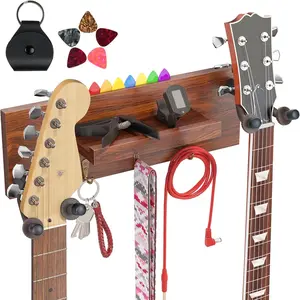 Guitar Wall Mount Hanger with Shelf and Pick Holder Rotatable Rubber Hooks Take 2 Guitars for Acoustic Electric Bass Violin Banjo Mandolin Ukulele CY0298