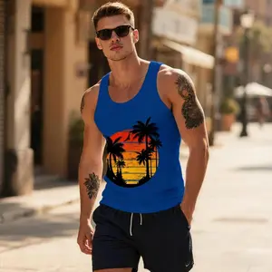 Menswear Stylish Tank Top - 80s Vintage Tropical Retro Palm Tree Print Sleeveless Polyester Blend, Flexible Fit Multi-Size Comfy Casual Top for Summer Streetwear Workout