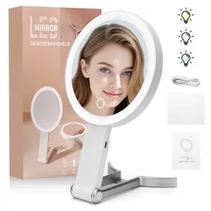 Tabletop Makeup Mirror with Lights – 1X/10X Magnification, 3 LED Color Modes, Touch Brightness – Handheld, Hanging or Desktop Beauty Mirror