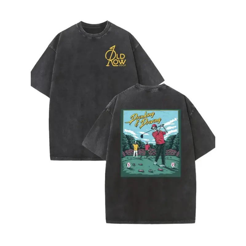 Vintage washed dual-sided golf graphic tee featuring "FORE DRAGONS" design, classic crew neck and loose fit for all-season wear. Perfect casual streetwear pick for weekend leisure and golf-themed outings. Crewneck   Menswear Tshirt