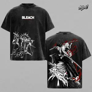 Kenpachi Zaraki Bleach Vintage Washed Oversized Anime T-Shirt, Heavyweight Cotton Streetwear Graphic Tee, Dark Manga Line Art Back Print, Unisex Loose Fit Japanese Anime Shirt, Classic Bleach Anime Streetwear Gift