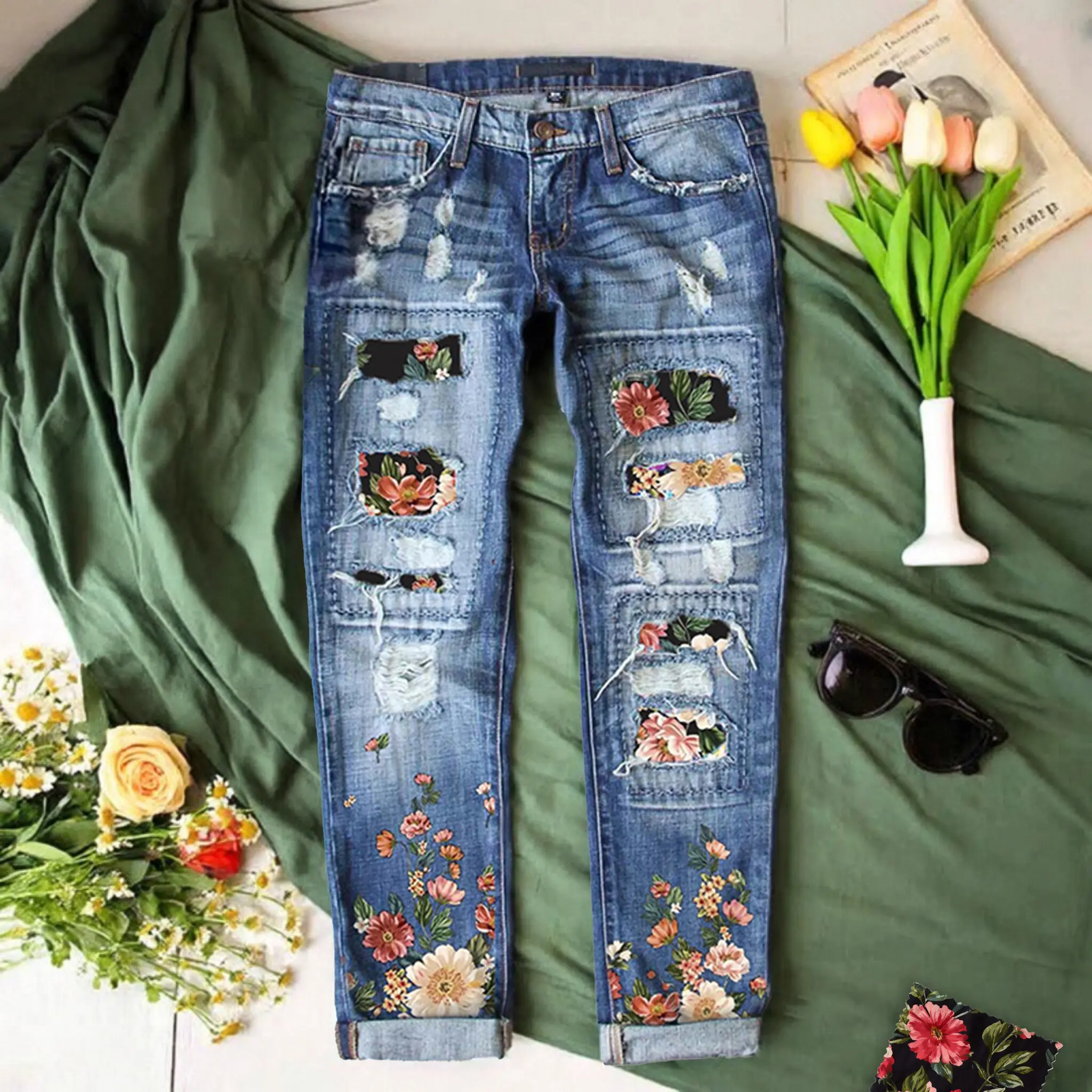 Women's Vintage Floral Embroidered Elastane Jeans - Ripped Patchwork Streetwear Denim, Boyfriend Straight Fit with Pockets, Smooth, Holiday Embellished Bottoms, Print, Soft, Grunge Aesthetic, Patchwork Jeans