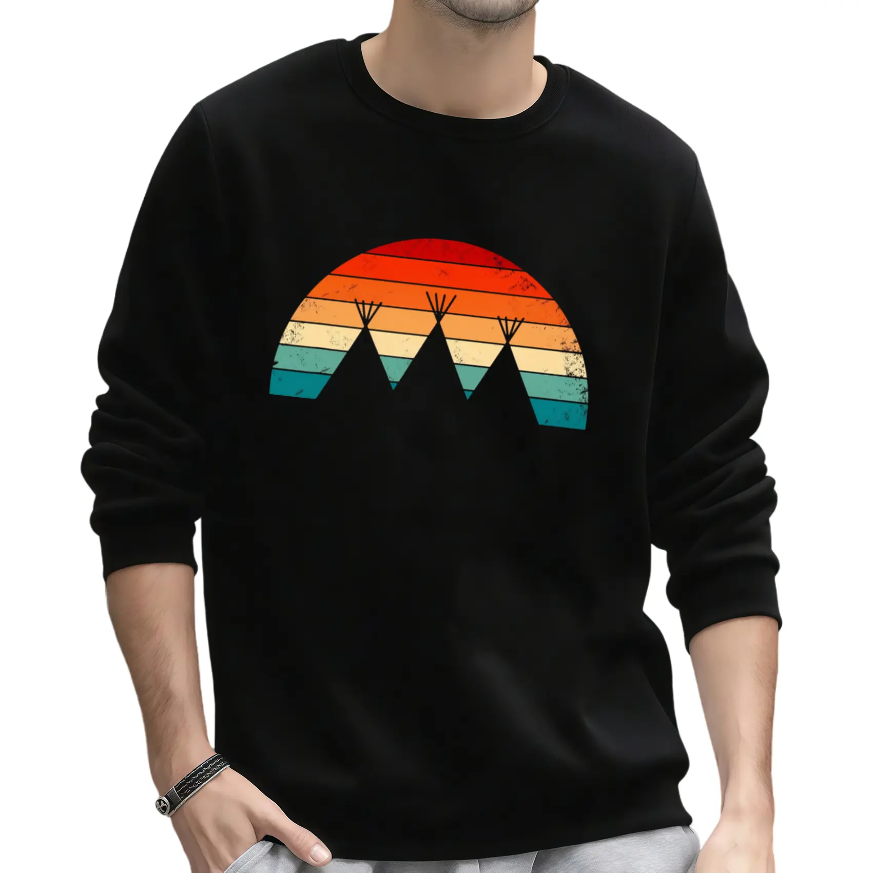 Vintage-Inspired Men's Long Sleeve Sweatshirt with Native American Turquoise & Southwestern Feather Design – 100% Soft Fabric, Casual & Festival Ready