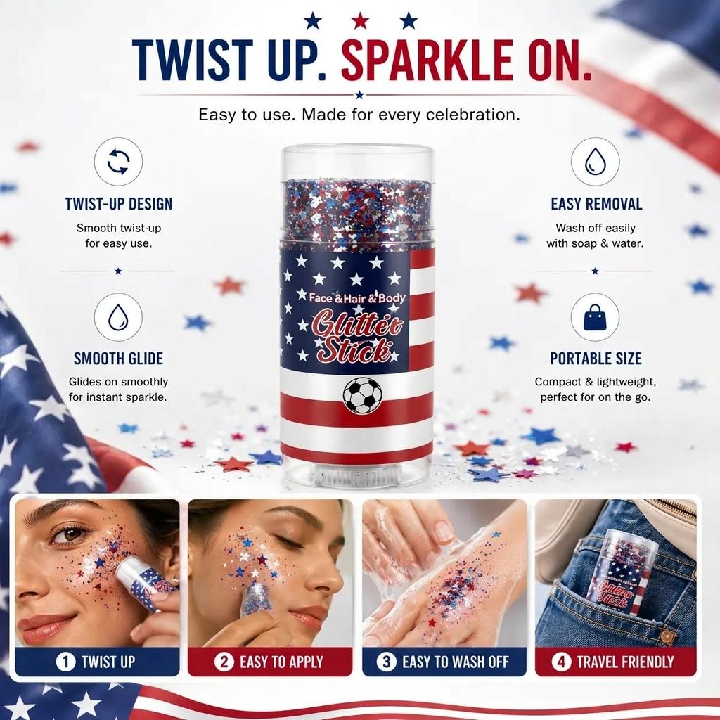 4th of July Glitter Stick | Red, White & Blue Body & Hair Sparkle for Independence Day Party, Festival & Fun Holiday Look 4th of July Glitter Stick | Red, White & Blue Body & Hair Sparkle for Independence Day Party, Festival & Fun Holiday Look