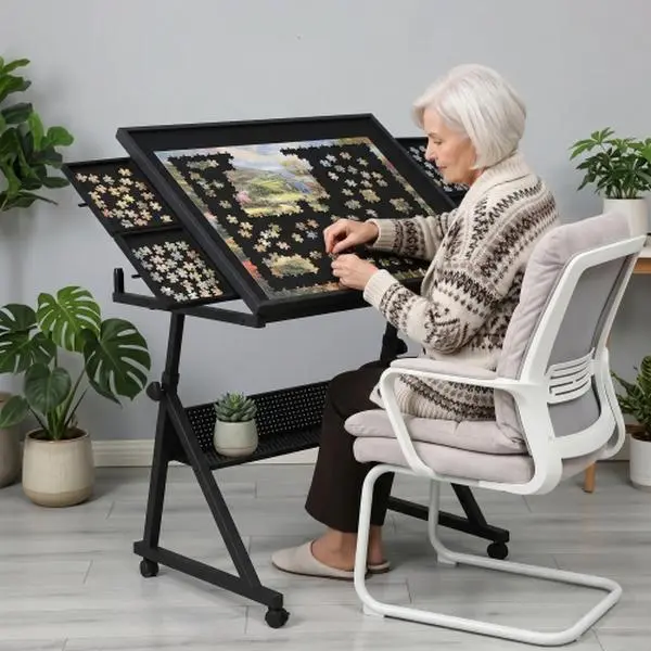Height-Adjustable Foldable Metal Frame Jigsaw Puzzle Table Board for Adults - 1500-Piece Capacity, 4 Felt Storage Trays, 36 lbs, 11.81x9.84 in, Waterproof Black Melamine Veneer Desk, Living Room Use, Birthday Gift, 1 Large Storage Space