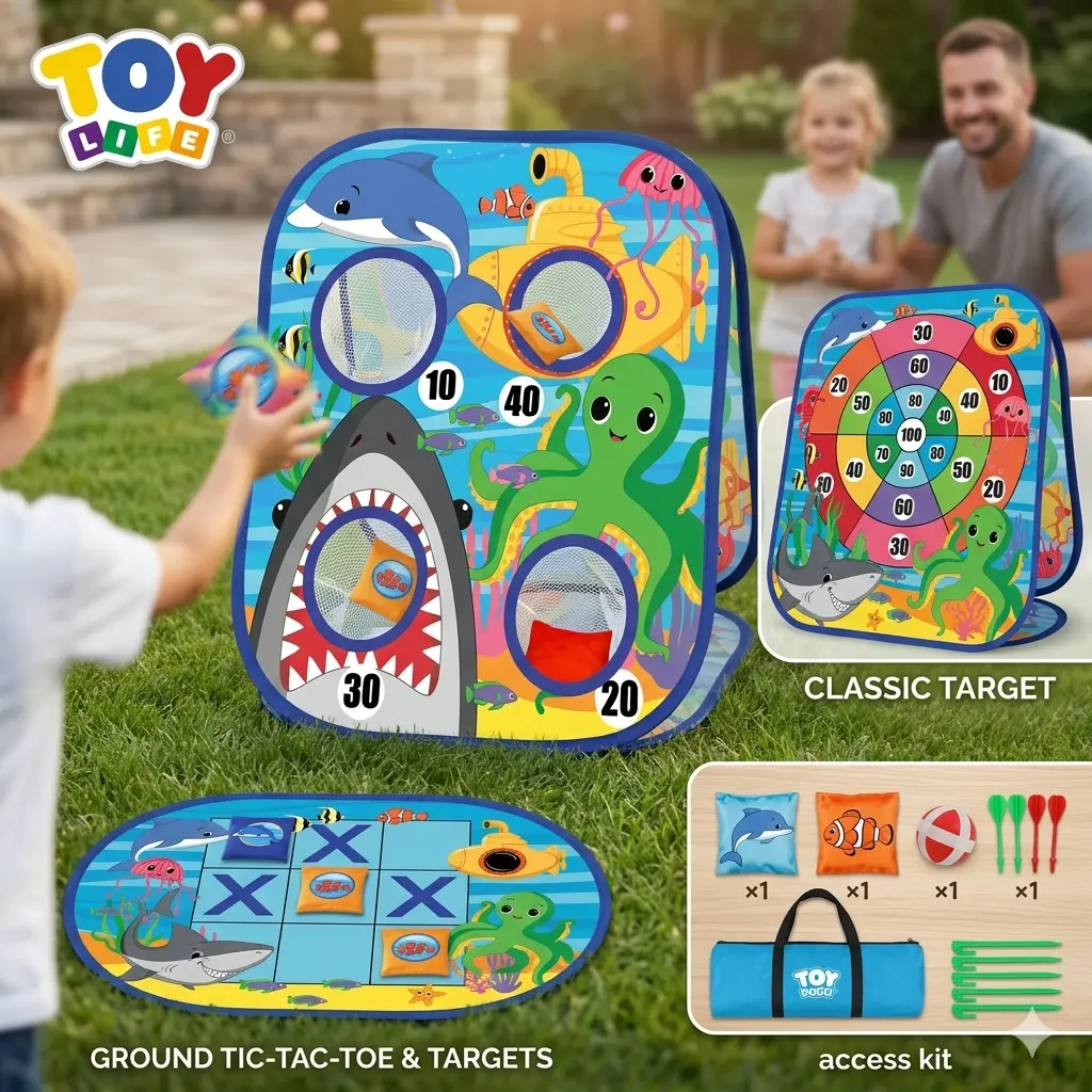 TOY LIFE Outdoor Toys  Convertible 3-in-1 Ocean Toss Game Set | Vertical Shark Toss & Classic Target, Horizontal Tic-Tac-Toe | Lawn Backyard Games Birthday Family Party Toddler Games| Portable and Premium |Ocean 3-in-1 Bag Toss