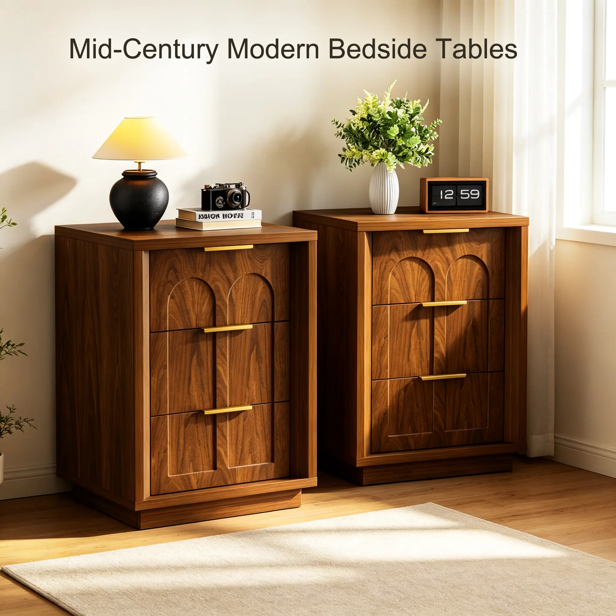 2-Pack Mid-Century Modern Nightstands, Arched 3-Drawer Bedside Tables with Gold Handles, Walnut Charger Station Cabinet, Solid Wood Indoor Furniture for Bedroom, Nightstand, Bedside Table