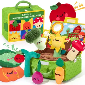 hahaland My First Garden Stuffed Toys Set-Fruits Vegetables Garden Plant Plush-Sensory for Babies 6-12 Months,Montessori Sensory Toy Carrot Flower with Rattles Mirror Squeaker Textures Crinkle Tissues, Baby Gifts,Summervibes Cute Playpen