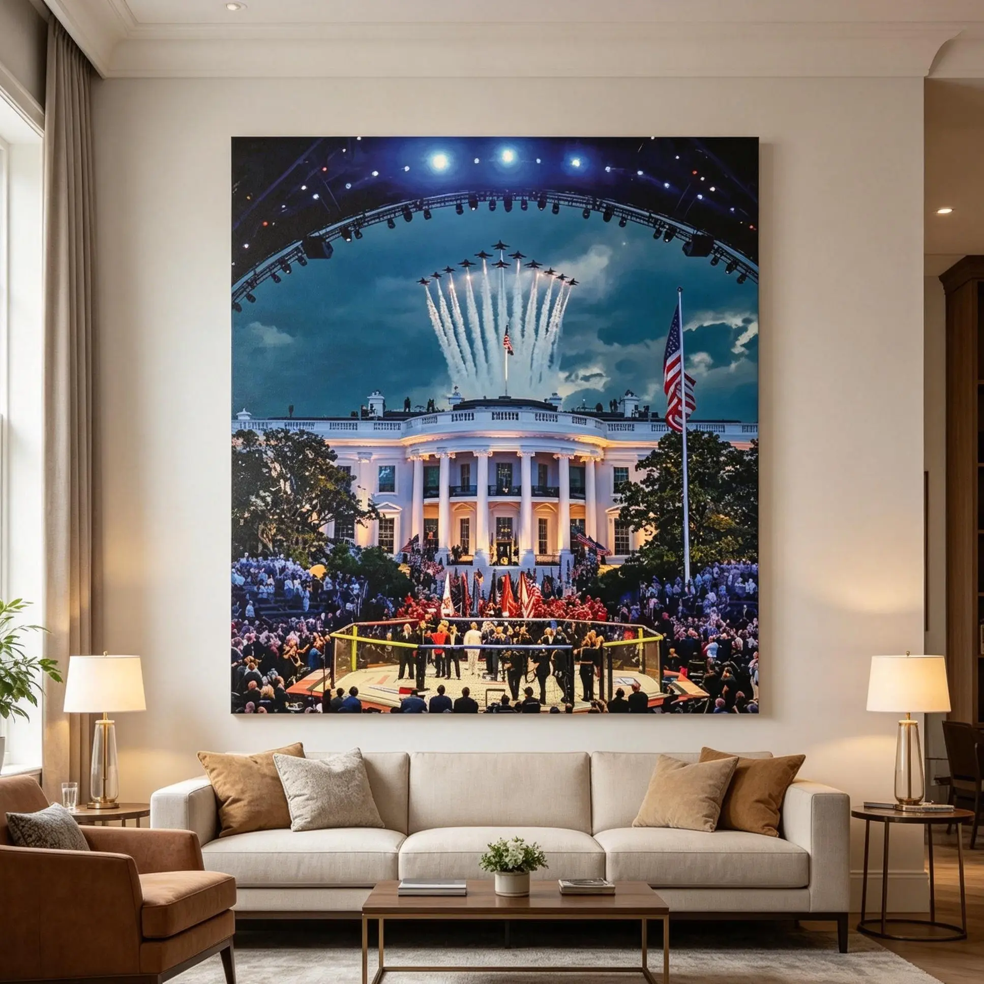 White House Flyover MMA Vertical Matte Poster - Frame Not Included - Fight Night - Freedom 250 - USA - Flag - Gift for Men and Women, Patriotic Wall Decor, UFC Style Cage Canvas Painting, American Veteran Canvas, Man Cave Decor