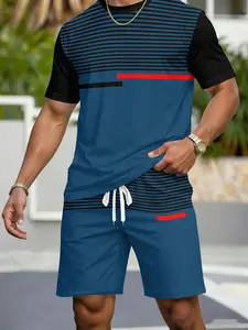 Men's Casual Sport Set, Striped Patchwork Short Sleeve T-Shirt + Shorts, Summer Beach Fitness, Two-Piece Set, Casual Sportswear Outfit