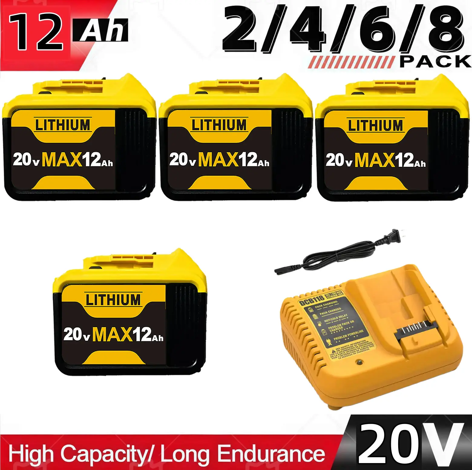 Purchase 4 batteries and receivean additional 3A charger 4Pack 20V 12Ah Lithium Battery Replacement for Dewalt Compatible with DCB200 for dewalt Power Tools lithium battery Compact XR Design,Long Lasting dc series max cordless drill