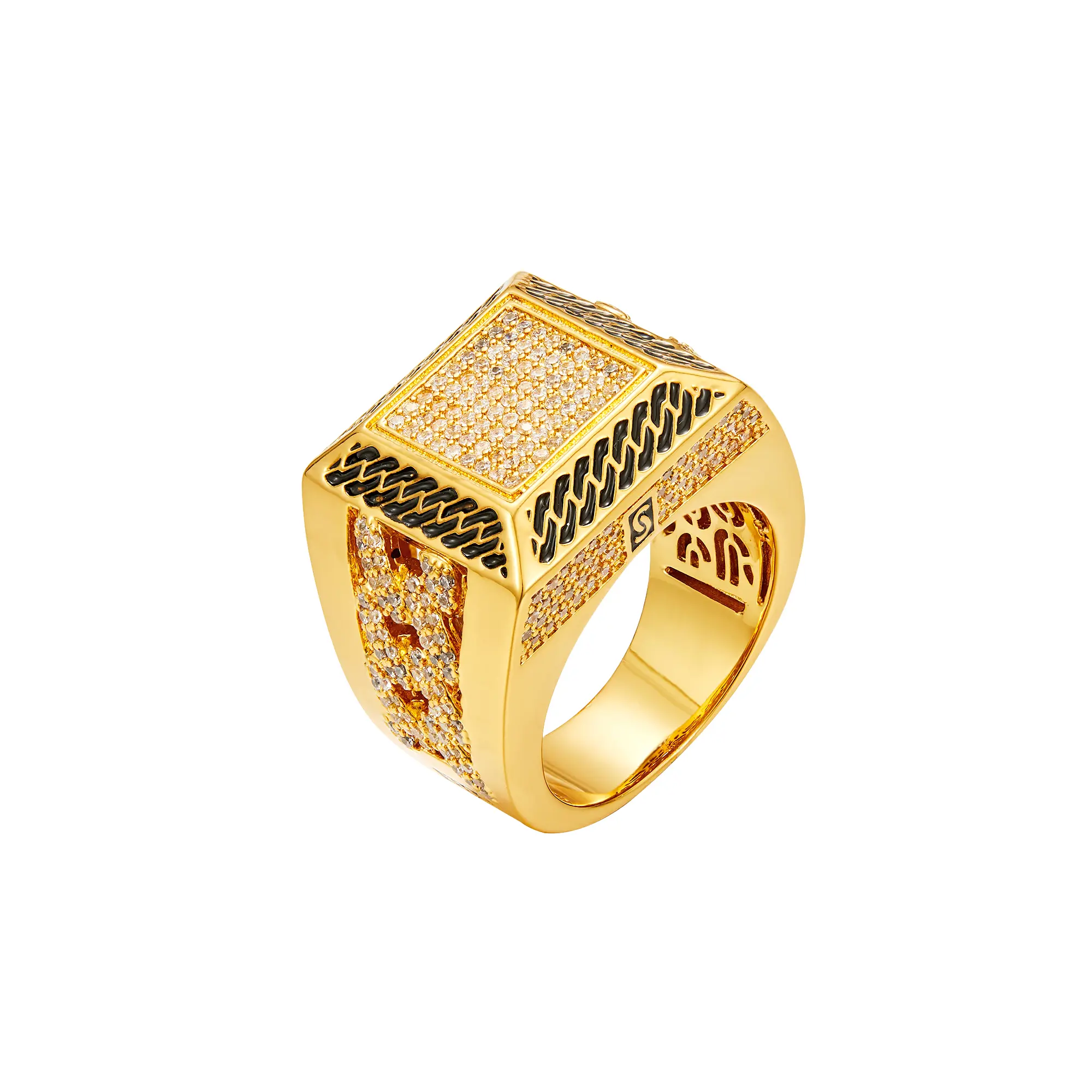 Luxurious Statement Ring, Trendy Geometric Square Full-Diamond Titanium Steel with Gold Metal Coating for Daily Wear, Diamond Statement Ring