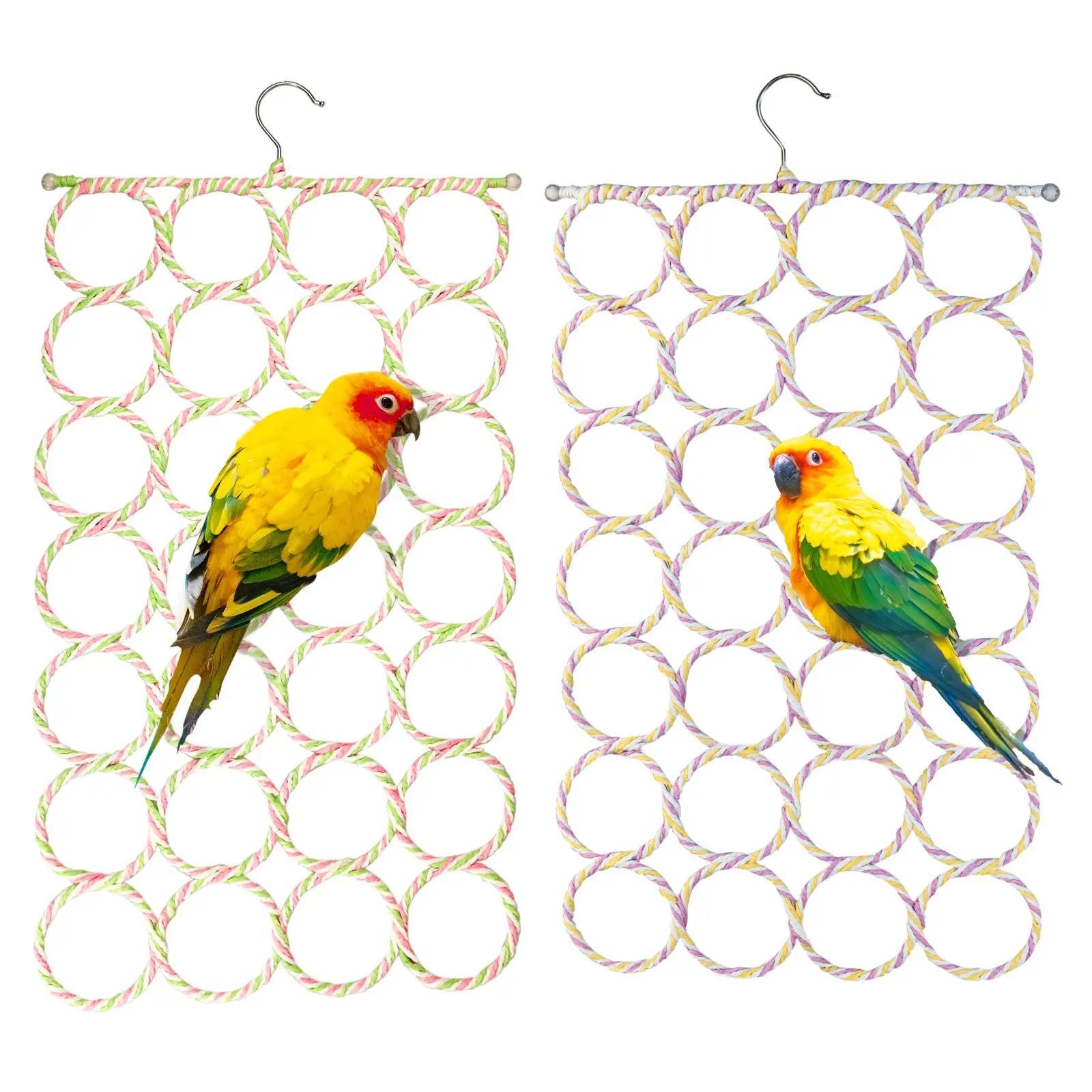 Parrot Wall Climbing Net Bird Toy - Hanging Bird Cage Fitness Accessory with Play Swivel Swing, Perch, Rope Rings, Hanging Hooks, Ultimate Treat Hanger for Small-Medium Pets (Random Color, Cockatiel Accessory)