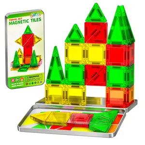 Mini Magnetic Tiles Travel Set with Iron Box Car Airplane Essentials for Kids Ages 3+ Creative STEM Magnet Toys Birthday Gift for Boys & Girls