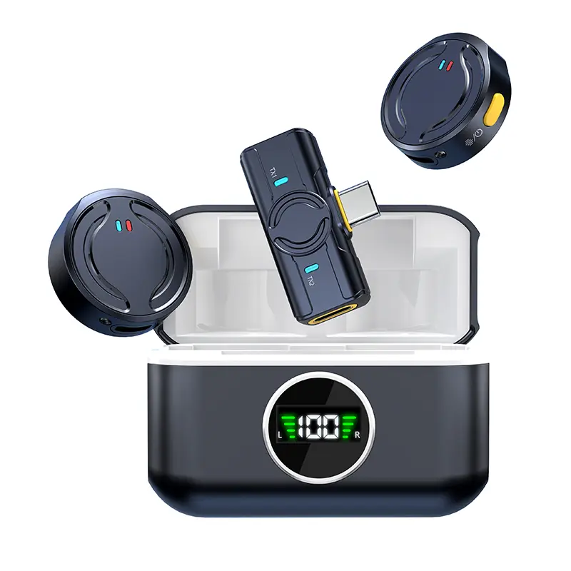 Q81 Dark Blue Portable Chargeable Wireless Lavalier Microphone with Charging Case, Noise-Reducing Audio Recording for iPhone, iPad, Android