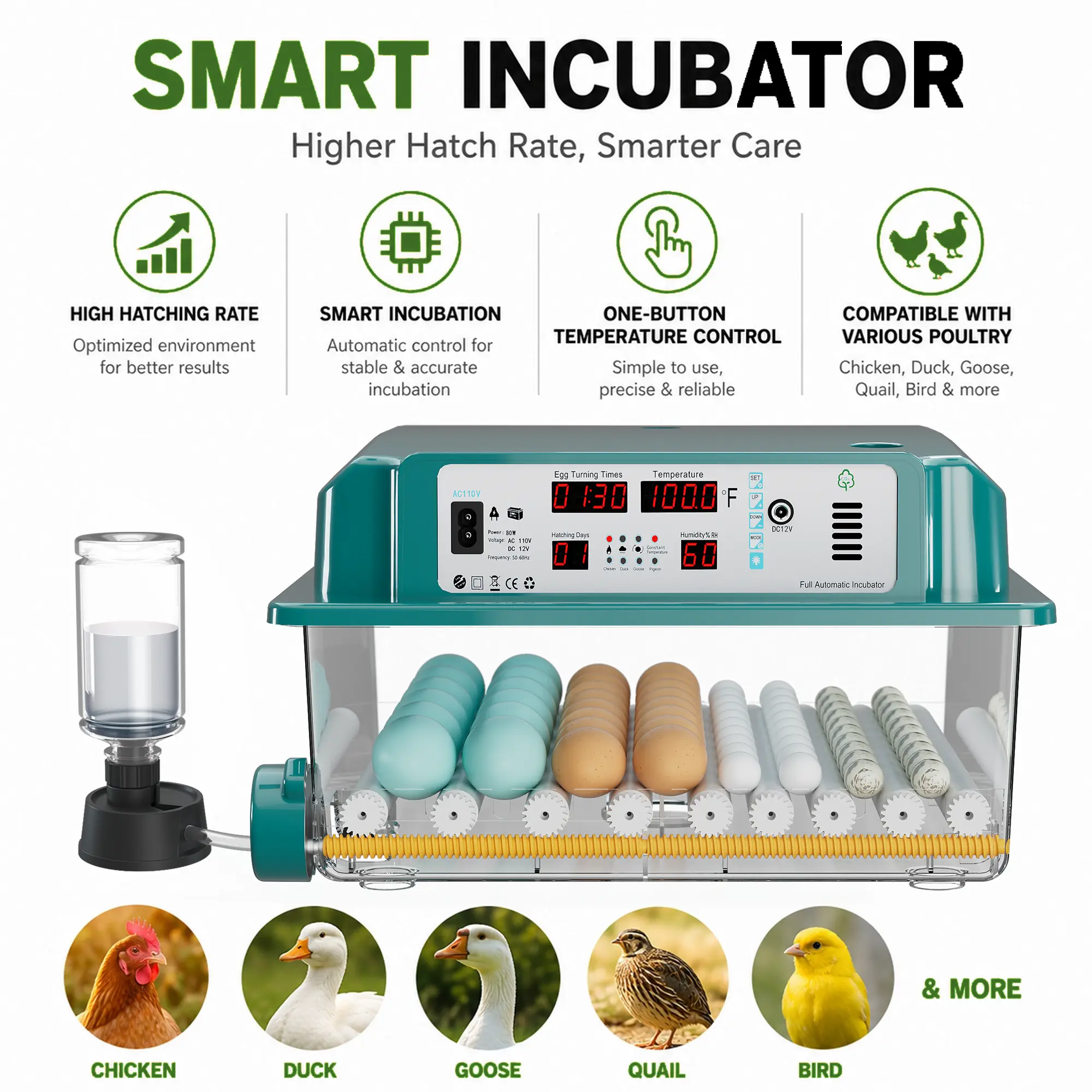 Upgraded 64 Egg Smart Incubator 2026 New Version - Fully Auto Turning & External Water Top-Up, High Hatch Rate Digital Hatcher for All Poultry Automatic