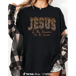 Holiday Leopard Jesus Bow Graphic Tee – Women’s Festive Christmas Top