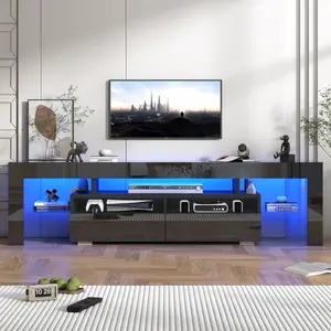 TV Stand with 16 Color LED Lights, Media Console with Drawer and Glass Open Shelf for 65/75/85/90/100 inch TV, Modern Gloss Entertainment Center for Living Room, Black/white