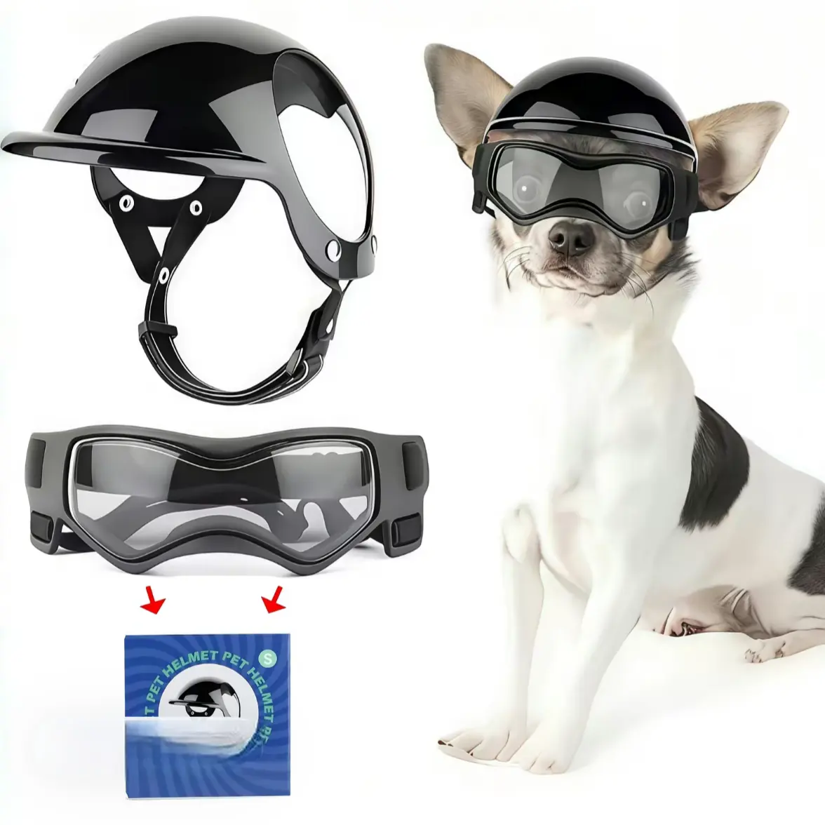 Cotton Fabric Pet Helmet for Dogs & Cats - Motorcycle Safety Headgear, Matching Hat, Pet Glasses for Rides & Everyday Use