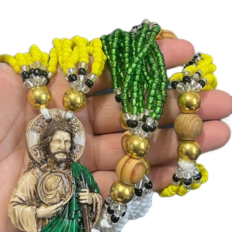 San Judas Tadeo Necklace for Devotion & Style Large Unique Design Handmade with 6 Strands of Seed Beads in Yellow Green White Gold-Tone & Wood-Style Beads 18 Inches Length Boho Style Jewelry