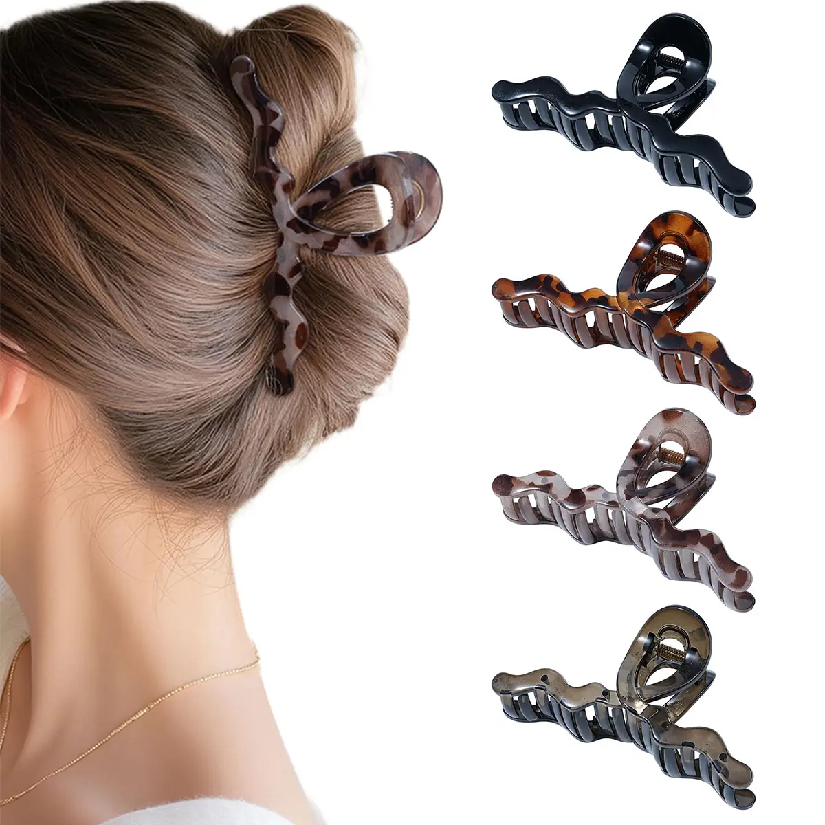 AWAYTR 4 Pack Large Claw Clips for Women, 5.12" Polycarbonate Decorative Hair Accessories with Elegant Wave Design & Strong Hold for Thick Curly Hair, Ponytail Claw Clip, Curly Wavy Clip