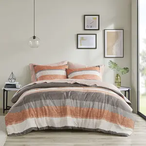 360 Stand California King Jaxon Stripe Print Comforter Set with Bed Sheets, Coral & Grey, 104x92x1.5in, Modern Polyester Fibers, Casual Vibe, Machine Washable (Madison Park MPE10-1077)