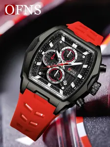 Ofns Classic Men's Tonneau Wristwatch, Three-Eye Six-Hand Chronograph, Date 24h Indicator, Waterproof Luminous, Analog Quartz Movement