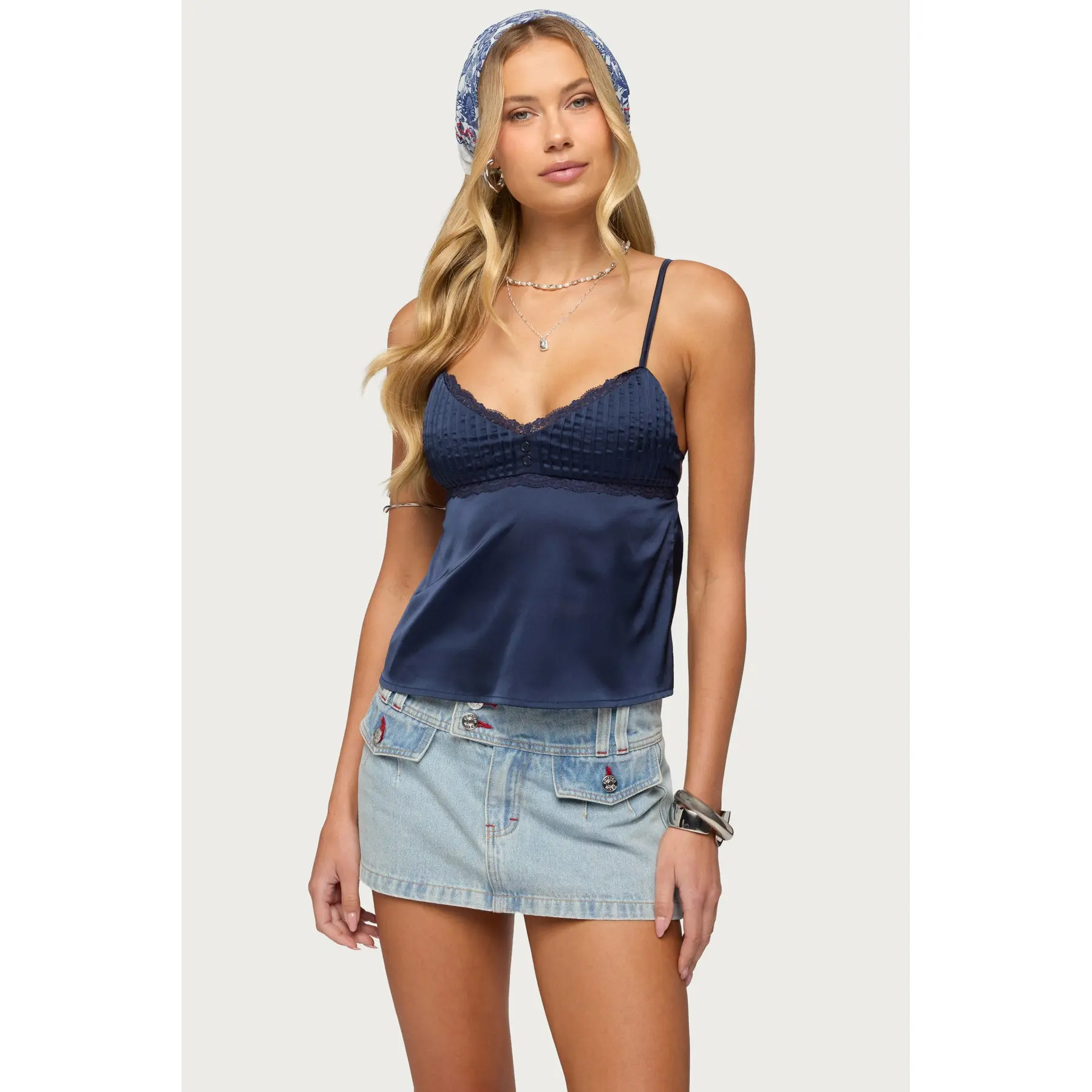 Blanca Satin Effect Lace Trim Tank Top
