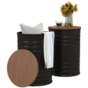 Round Storage Ottoman Set of 2 – Nesting Ottomans with Wooden Lid, Metal Frame and Hidden Storage Space, Removable Wood Tops, Solid Fir Wood, 264 lbs Capacity, for Bedroom, Living Room, Farmhouse Style