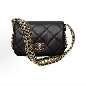 Pre-owned CHANEL Lamb skin Shoulder Bags Chevron patterned rotary lock closure leather chain strap shoulder bag underarm bag small handbag single strap mini black
