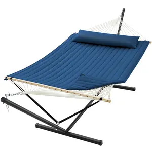 SUPERJARE 12ft Double Hammock with Stand, Rope Hammock for 2 Person, Detachable Hammock Bed and Pillow, Portable, Anti-Tip Safety Ropes, Carry Bag, Outdoor Backyard Patio Camping