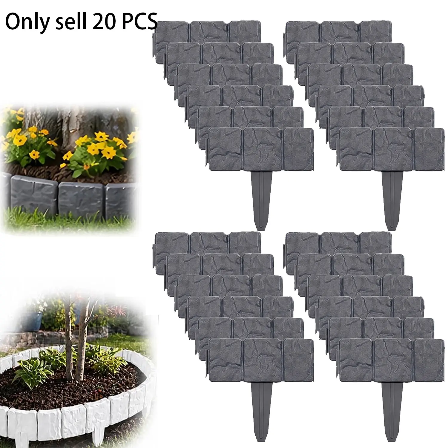 20pcs Stone Effect Plastic Garden Edge Fence, Stone Texture Plastic Garden Border Fence, Durable Flower Bed Frame for Courtyard Decoration, for Small Garden Fence, Patio Decoration, Garden Edging Border