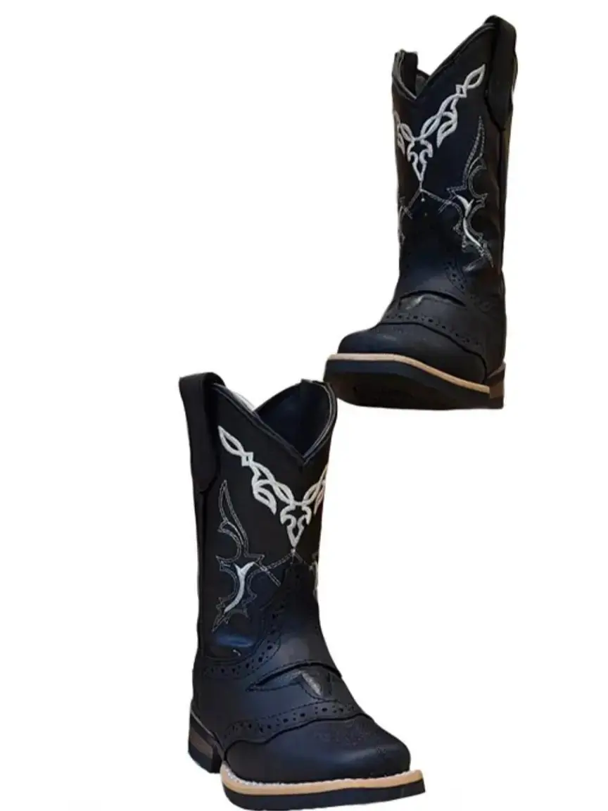 White Dimond Women's Juvenile Cowboy Boots - Black-White Thorned, Block Heel Leather Footwear Shoe Girl Walking Shoes